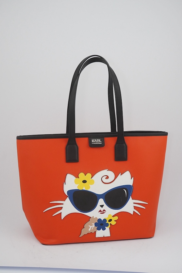 A Karl Lagerfeld Paris orange PVC Choupette beach tote bag and purse, length 32cm, width 17cm, height 29.5cm